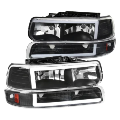 Fits 1999-2002 Chevrolet Silverado 1500 2500 / 2000-2006 Tahoe Suburban LED Bar Factory Style Headlights & Bumper Lights w/ Amber Reflector (Matte Black Housing/Clear Lens)