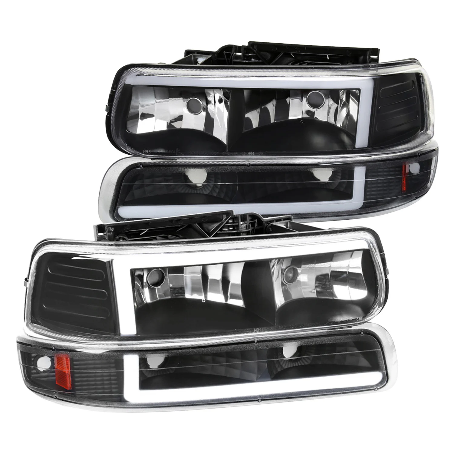 Fits 1999-2002 Chevrolet Silverado 1500 2500 / 2000-2006 Tahoe Suburban LED Bar Factory Style Headlights & Bumper Lights w/ Amber Reflector (Matte Black Housing/Clear Lens)