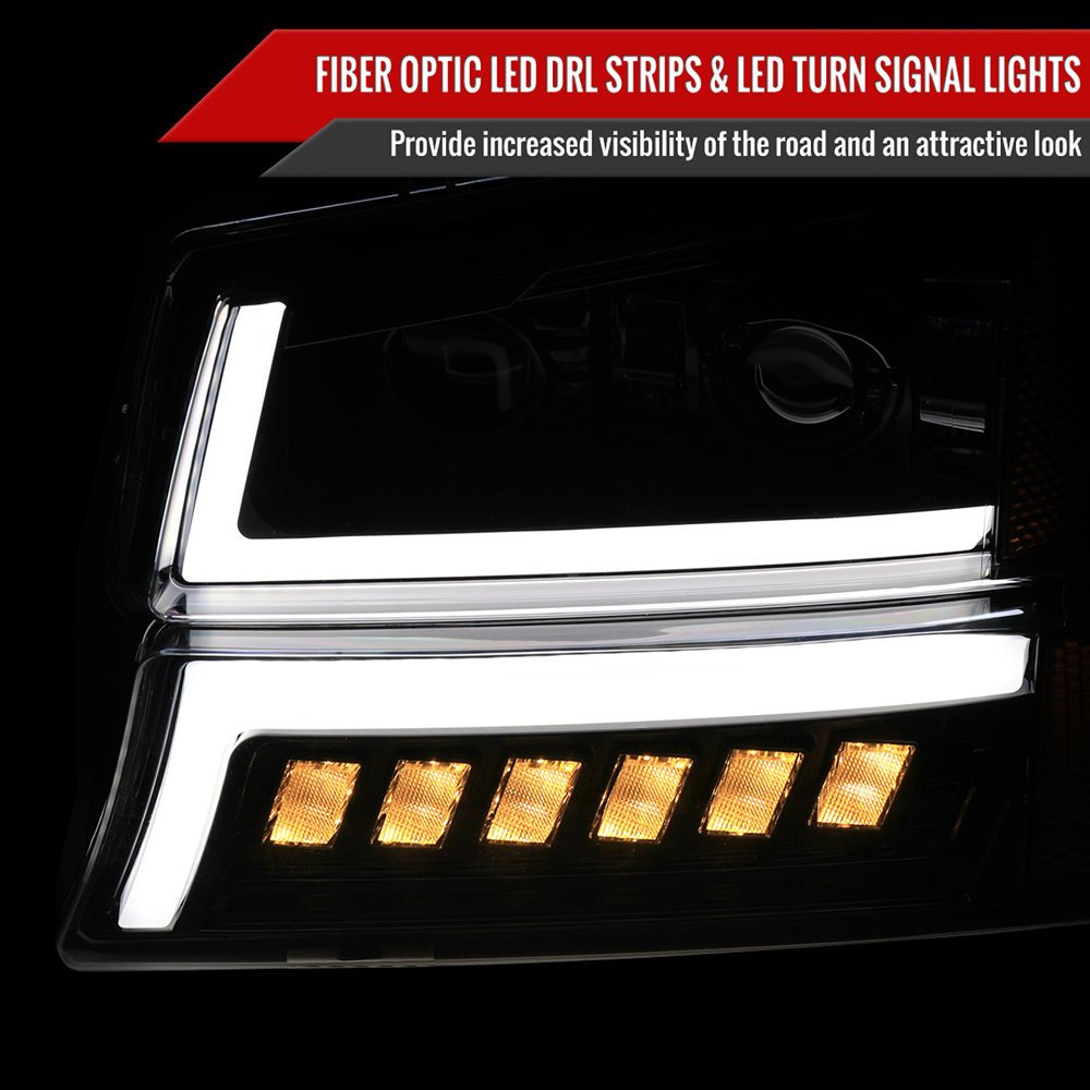 Fits 2003-2007 Chevrolet Silverado Avalanche LED Projector DRL Headlights w/ Bumper Lights (Jet Black Housing/Clear Lens) - Image 8