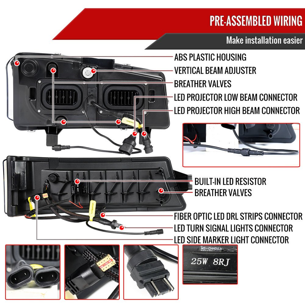 Fits 2003-2007 Chevrolet Silverado Avalanche LED Projector DRL Headlights w/ Bumper Lights (Jet Black Housing/Clear Lens) - Image 3