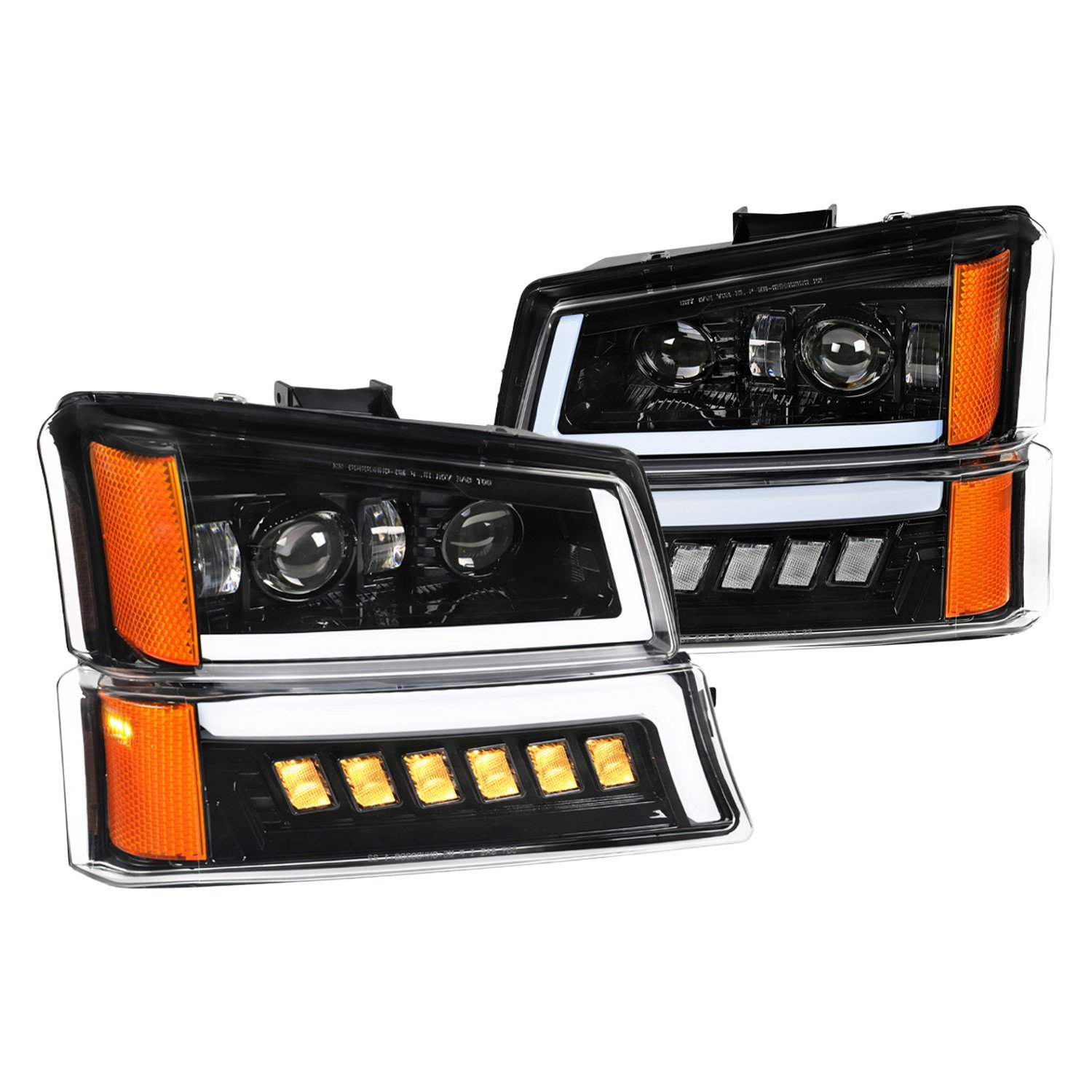 Fits 2003-2007 Chevrolet Silverado Avalanche LED Projector DRL Headlights w/ Bumper Lights (Jet Black Housing/Clear Lens)