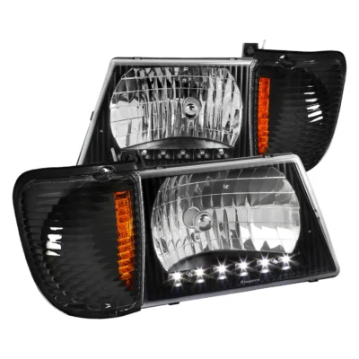 Fits 1992-2006 Ford Econoline E-Series LED Strip Factory Headlights and Corner Lights (Matte Black Housing/Clear Lens)