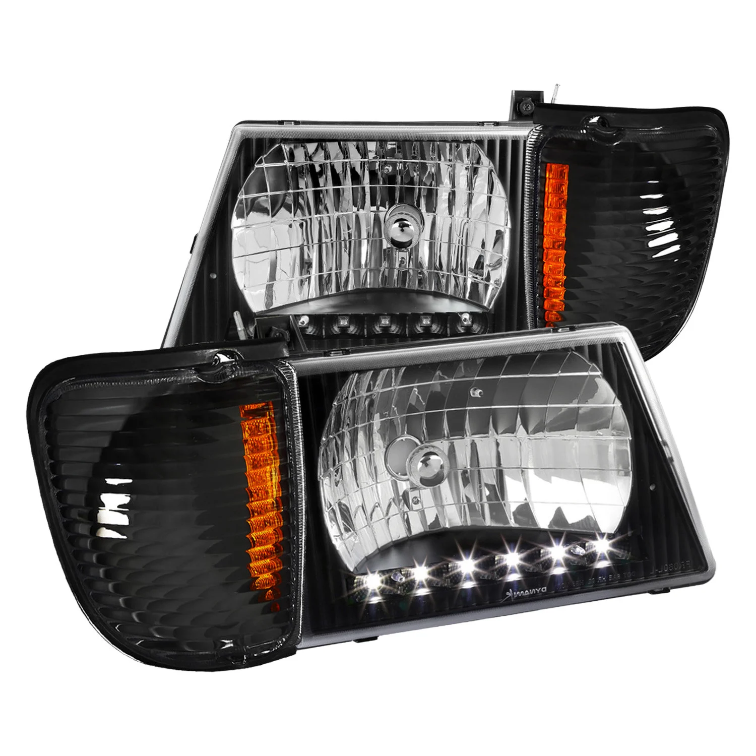 Fits 1992-2006 Ford Econoline E-Series LED Strip Factory Headlights and Corner Lights (Matte Black Housing/Clear Lens)