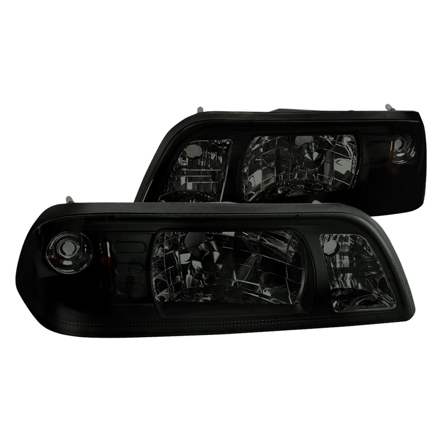 Fits 1987-1993 Ford Mustang Crystal Headlights (Chrome Housing/Smoked Lens)
