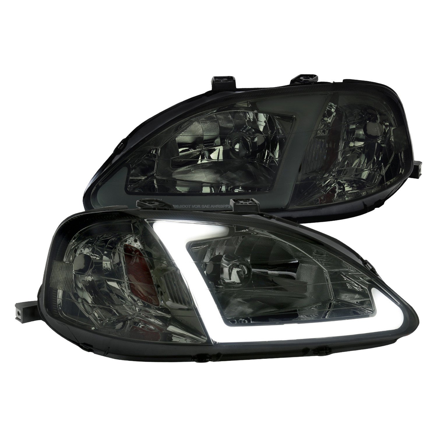 Fits 1999-2000 Honda Civic Coupe/Sedan LED Bar Factory Style Headlights (Chrome Housing/Smoked Lens)
