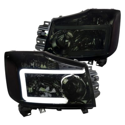 Fits 2004-2015 Nissan Titan / 2004-2007 Armada LED Bar Factory Headlights (Chrome Housing/Smoked Lens)