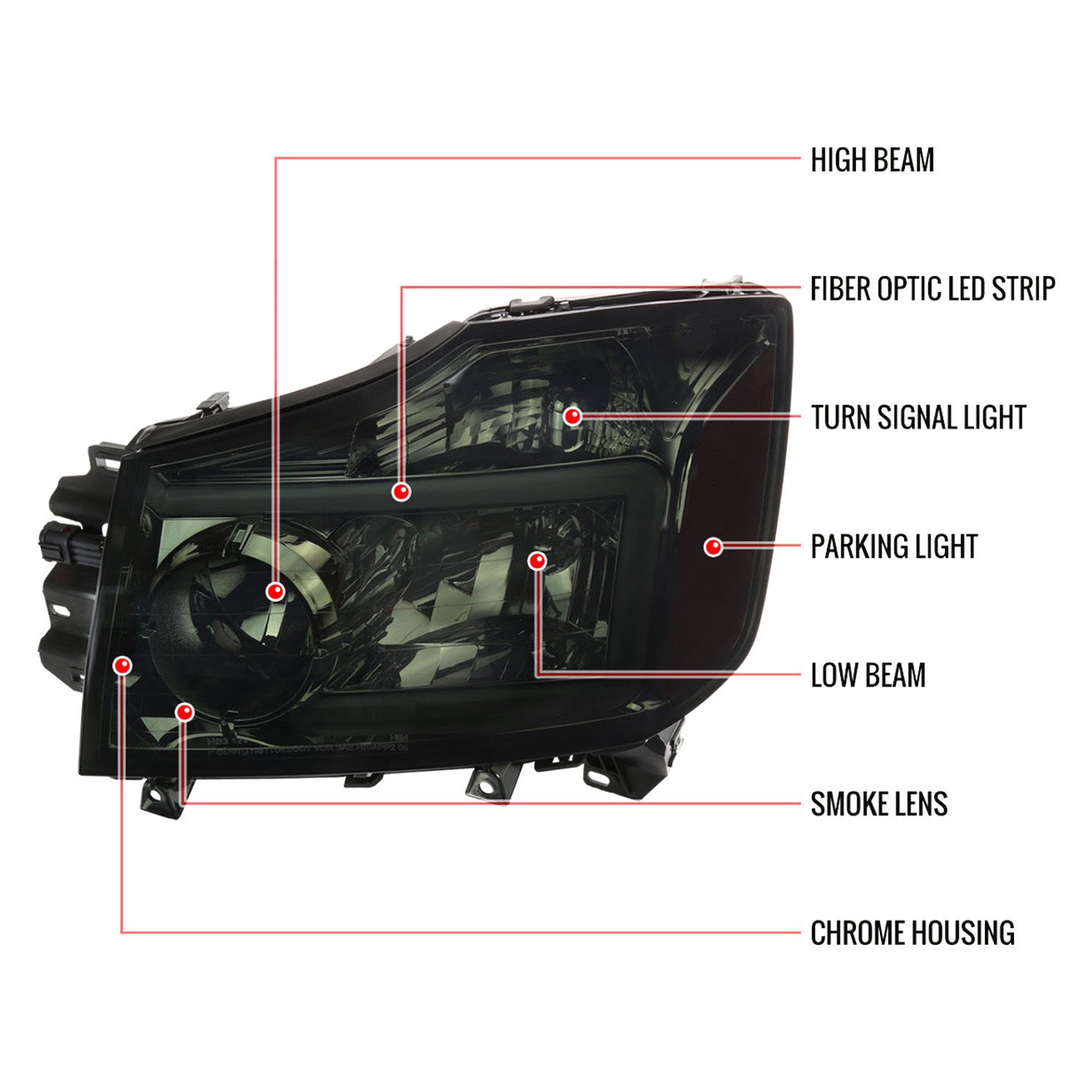Fits 2004-2015 Nissan Titan / 2004-2007 Armada LED Bar Factory Headlights (Chrome Housing/Smoked Lens) - Image 2