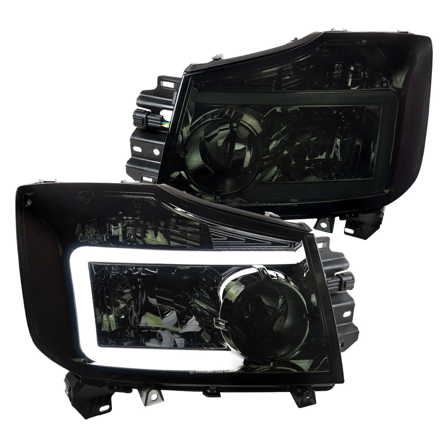 Fits 2004-2015 Nissan Titan / 2004-2007 Armada LED Bar Factory Headlights (Chrome Housing/Smoked Lens)