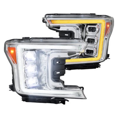 Fits 2018-2020 Ford F-150 Full LED Projector Headlights w/ Switchback LED Sequential Turn Signals DRL (Chrome Housing / Clear Lens)