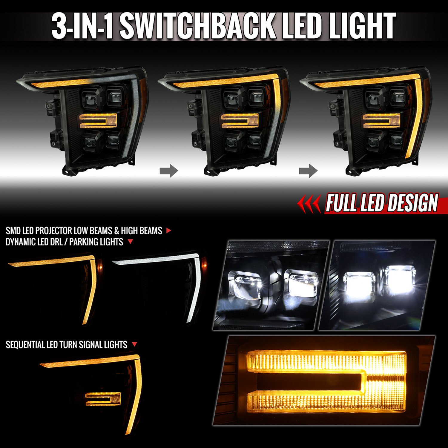 Fits 2021-2023 Ford F-150 Full LED Projector Headlights w/ Switchback LED Sequential Turn Signals DRL Parking Light Strip (Black Housing / Smoked Lens) - Fits Models w/ Factory LED Headlights - Image 7