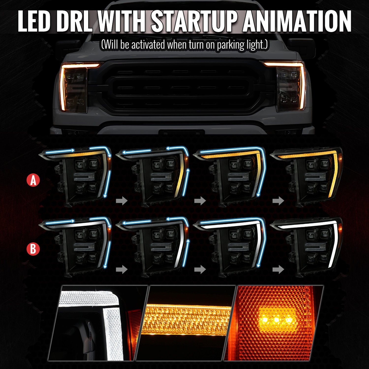 Fits 2021-2023 Ford F-150 Full LED Projector Headlights w/ Switchback LED Sequential Turn Signals DRL Parking Light Strip (Black Housing / Smoked Lens) - Fits Models w/ Factory LED Headlights - Image 6