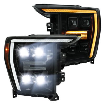 Fits 2021-2023 Ford F-150 Full LED Projector Headlights w/ Switchback LED Sequential Turn Signals DRL Parking Light Strip (Black Housing / Smoked Lens) - Fits Models w/ Factory LED Headlights
