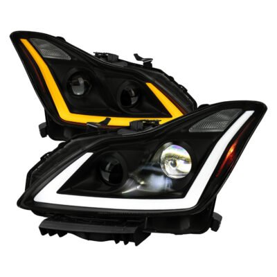 Fits 2008-2013 Infiniti G37/2014-2015 Q60 Coupe/Convertible Sequential Switchback LED Turn Signal Full LED Projector Headlights (Matte Black Housing / Smoked Lens)