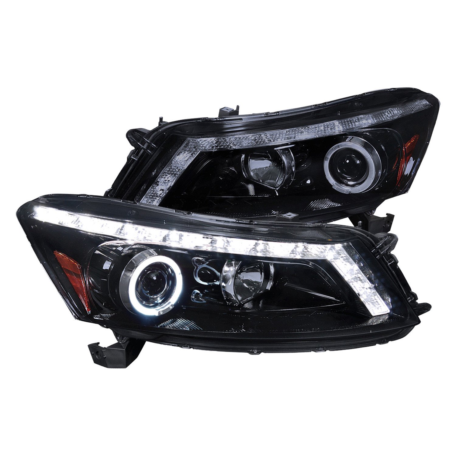Fits 2008-2012 Honda Accord Sedan Single Halo Projector Headlights w/ LED Light Strip & LED Turn Signal Lights (Glossy Black Housing/Smoked Lens)