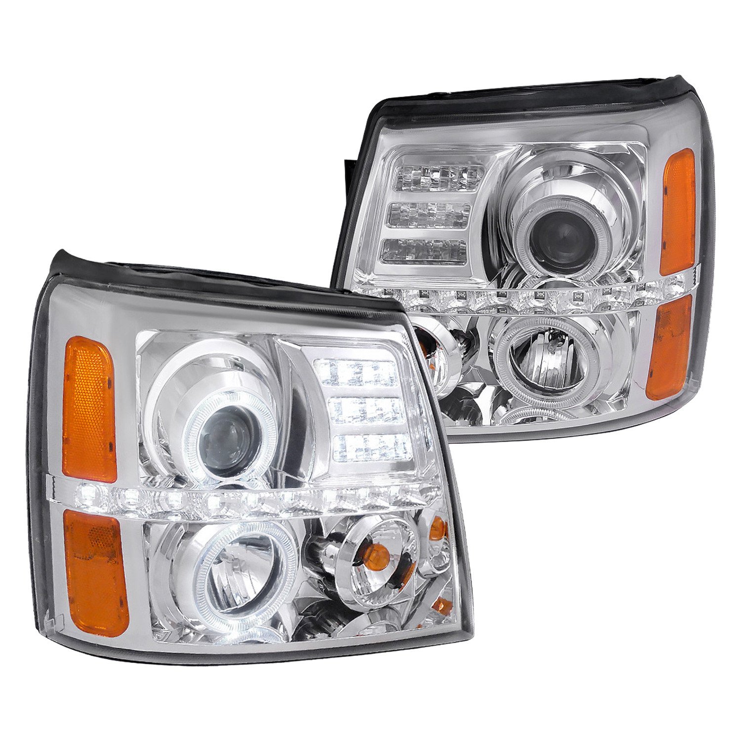 Fits 2002-2006 Cadillac Escalade Dual Halo Projector Headlights w/ SMD LED Light Strip (Chrome Housing/Clear Lens)