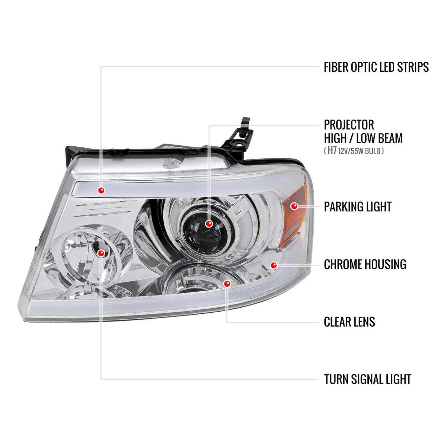 Fits 2004-2008 Ford F-150/ 2006-2008 Lincoln Mark LT Projector Style Headlights w/ LED Bar (Chrome Housing/Clear Lens) - Image 2