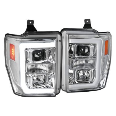 Fits 2008-2010 Ford F-250 F-350 F-450 LED C-Bar Projector Headlight (Chrome Housing/Clear Lens)