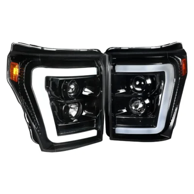 Fits 2011-2016 F-250/F-350/F-450/F-550 LED C-Bar Projector Headlights (Jet Black Housing/Clear Lens)