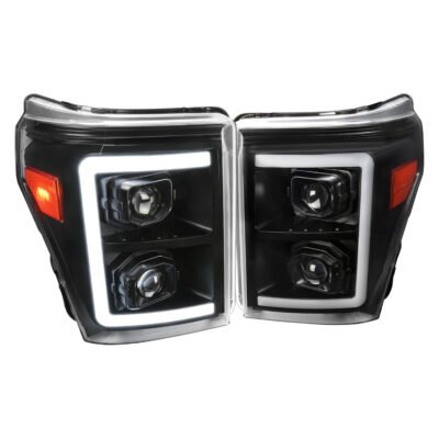 Fits 2011-2016 Ford F-250 F-350 F-450 F-550 Switchback Sequential LED C-Bar Projector Headlights (Matte Black Housing/Clear Lens)