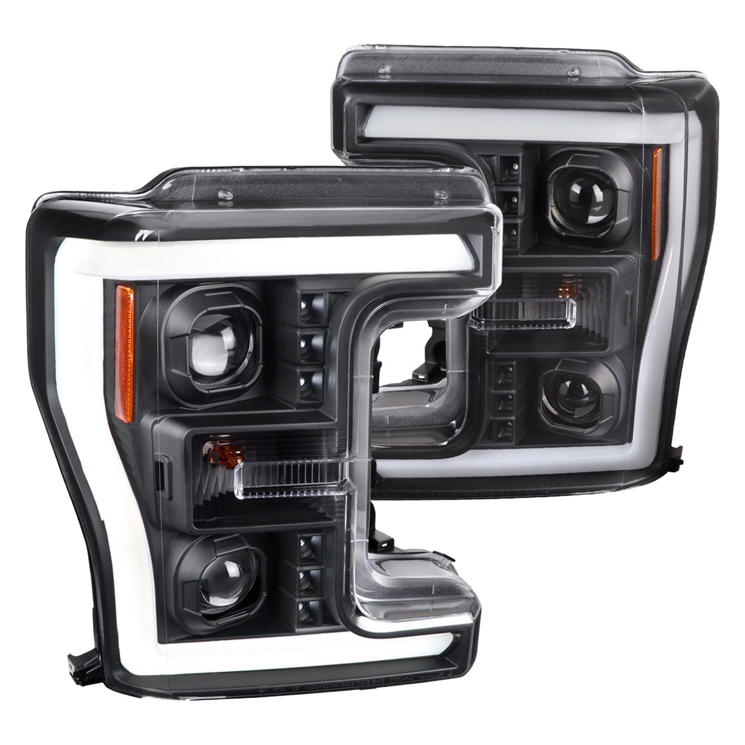 Fits 2017-2019 Ford F-250 F-350 F-450 F-550 Switchback LED C-Bar Projector Headlights (Matte Black Housing/Clear Lens)