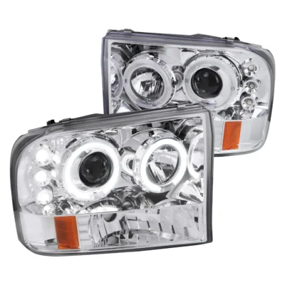Fits 1999-2004 Ford Excursion F-250 F-350 F-450 F-550 Dual Halo Projector Headlights (Chrome Housing/Clear Lens)
