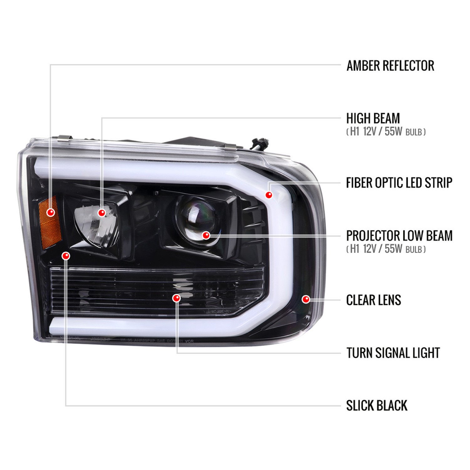 Fits 1999-2004 Ford F-250/F-350/F-450/F-550 /2000-2004 Ford Excursion LED Bar Projector Headlights (Jet Black Housing/Clear Lens) - Image 2