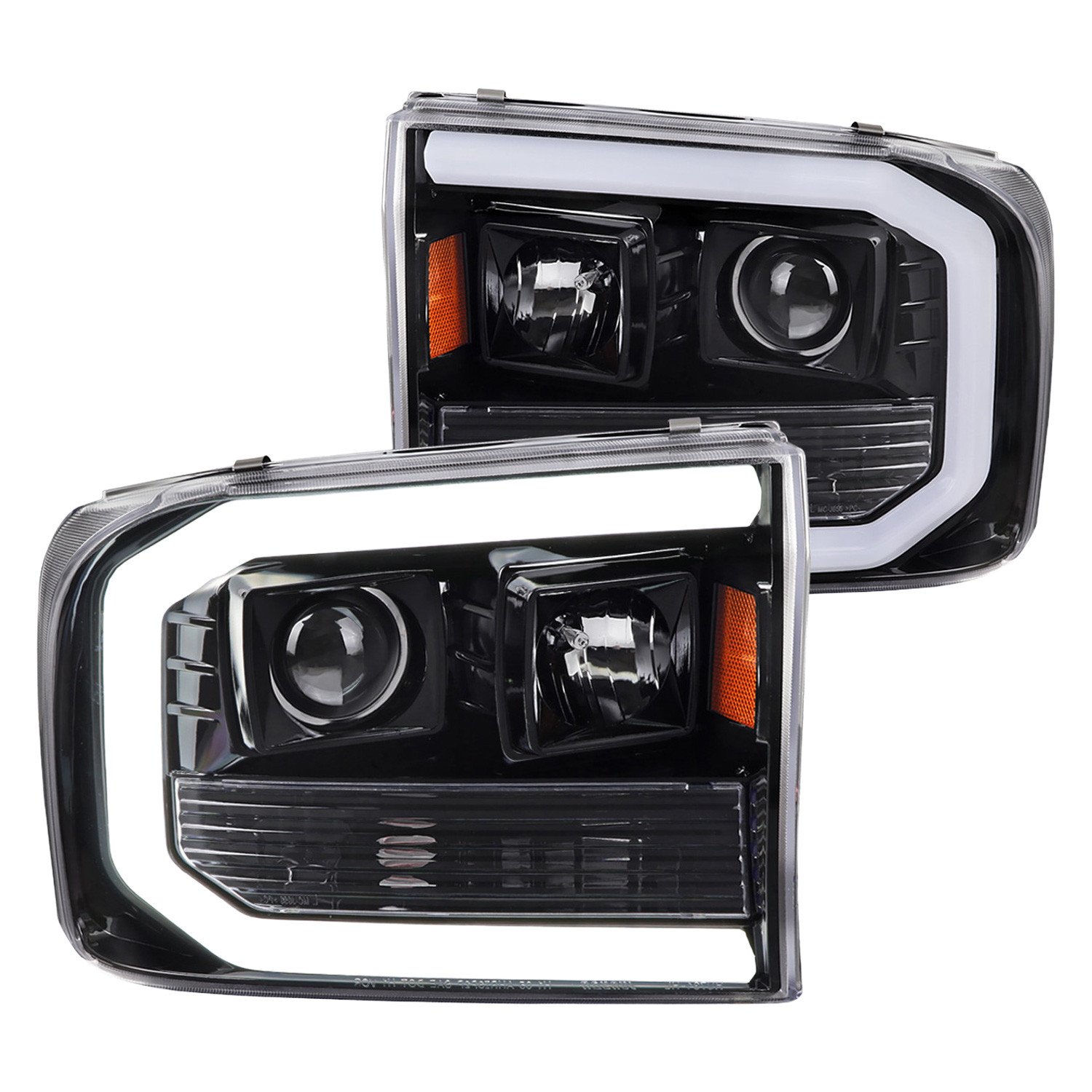 Fits 1999-2004 Ford F-250/F-350/F-450/F-550 /2000-2004 Ford Excursion LED Bar Projector Headlights (Jet Black Housing/Clear Lens)