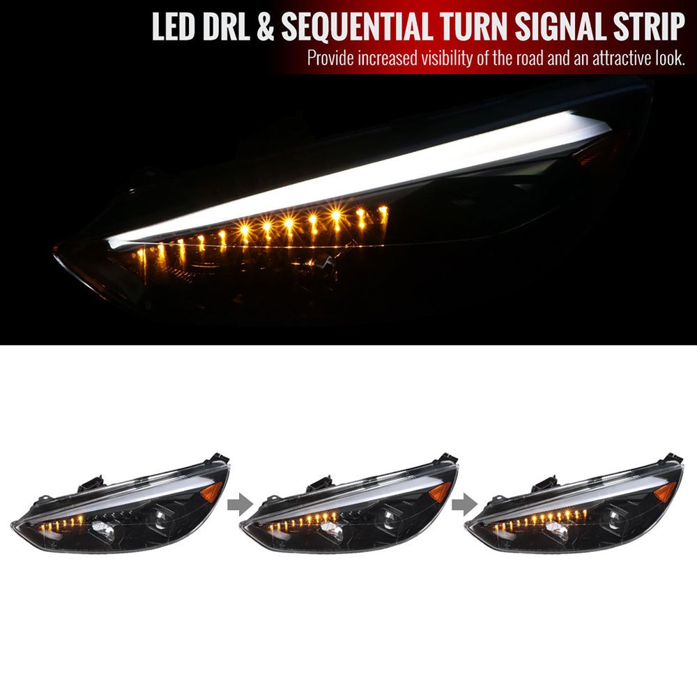 Fits 2015-2018 Ford Focus LED Sequential Signal Projector Headlights (Jet Black Housing/Clear Lens) - Image 9