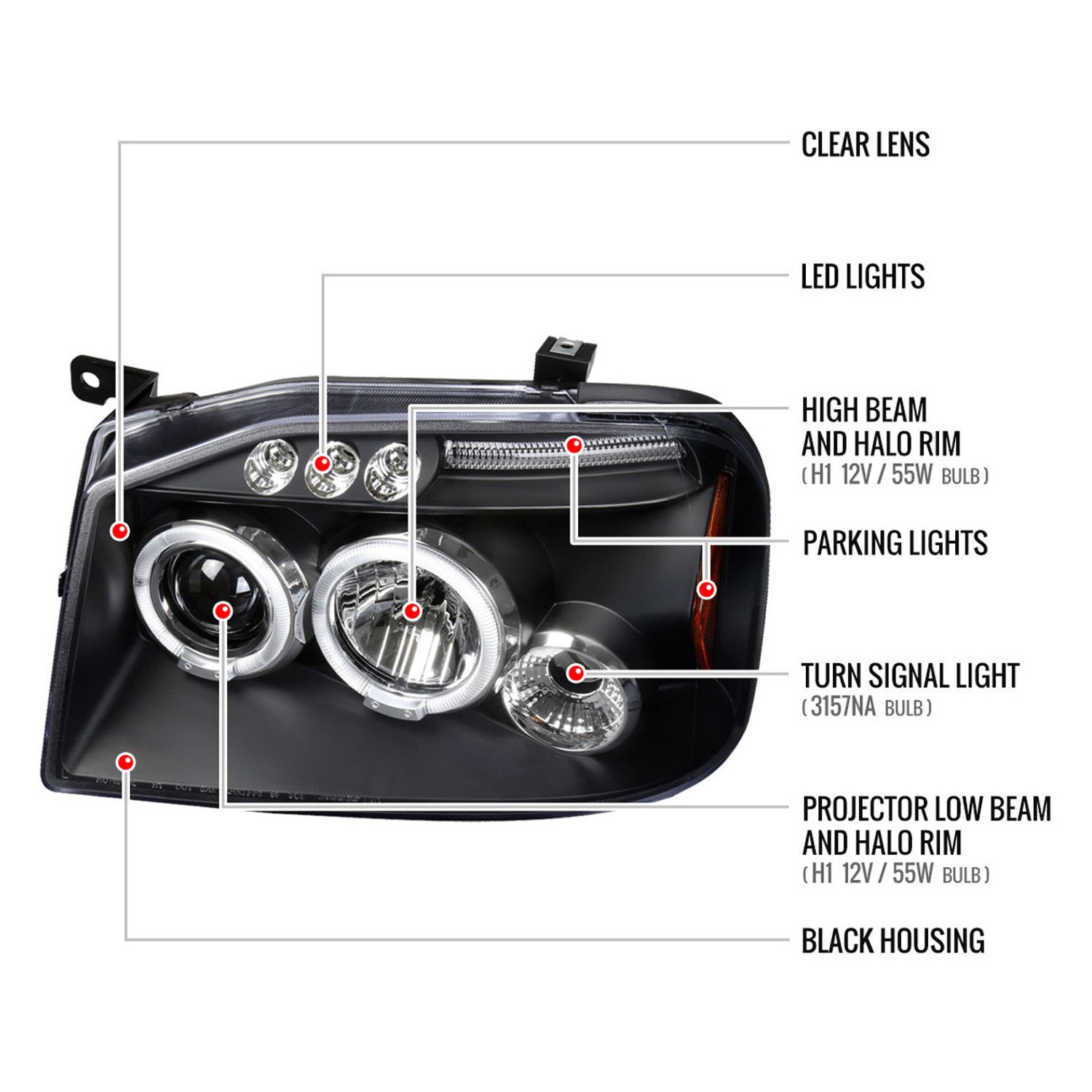 Fits 2001-2004 Nissan Frontier Dual Halo Projector Headlights (Matte Black Housing/Clear Lens) - Image 2