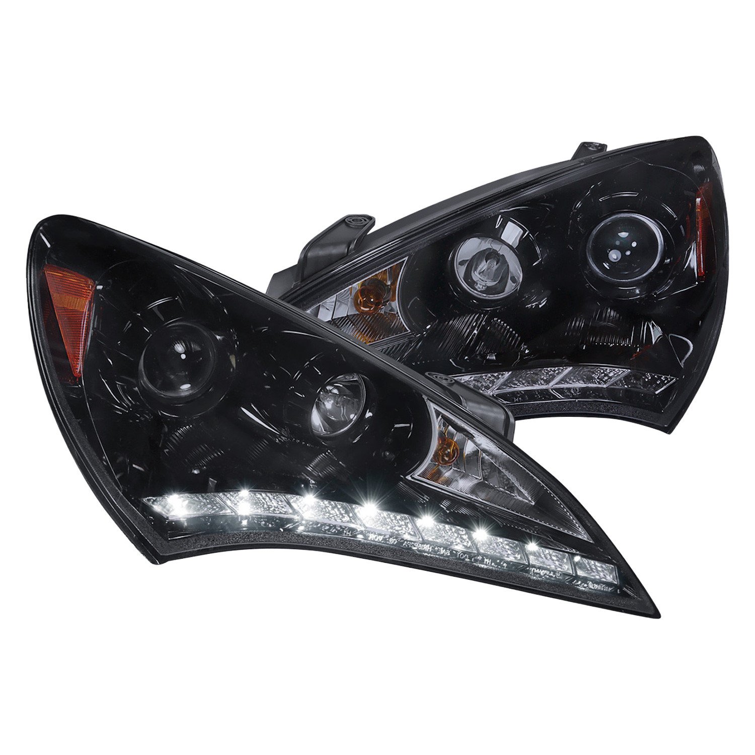 Fits 2010-2012 Hyundai Genesis Coupe R8 Style LED Strip Projector Headlights (Glossy Black Housing/Smoked Lens)
