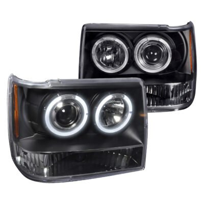 Fits 1993-1996 Jeep Grand Cherokee Dual Halo Projector Headlights (Matte Black Housing/Clear Lens)