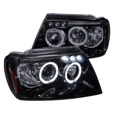 Fits 1999-2004 Jeep Grand Cherokee Dual Halo Projector Headlights (Glossy Black Housing/Smoked Lens)