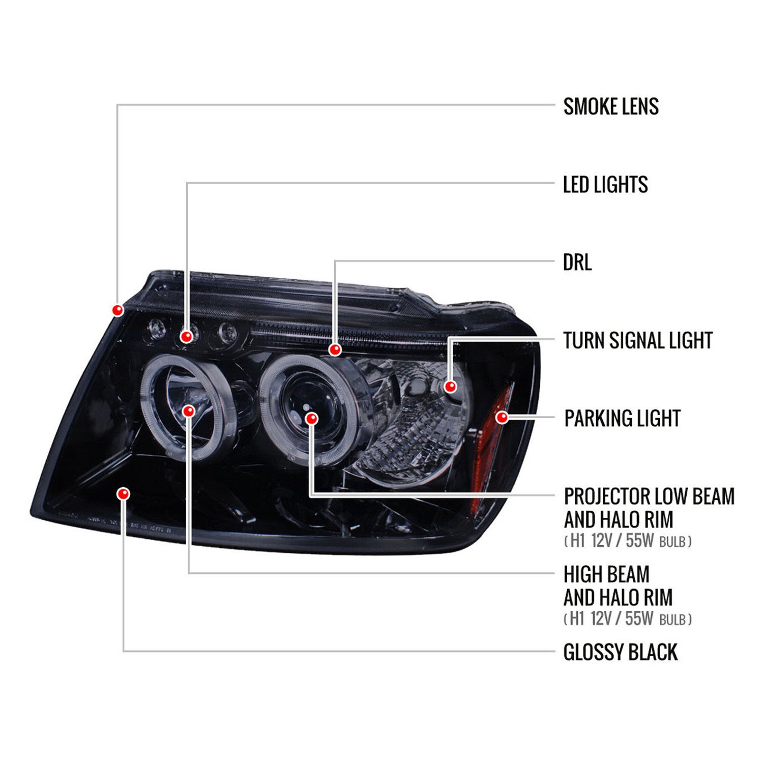Fits 1999-2004 Jeep Grand Cherokee Dual Halo Projector Headlights (Glossy Black Housing/Smoked Lens) - Image 5