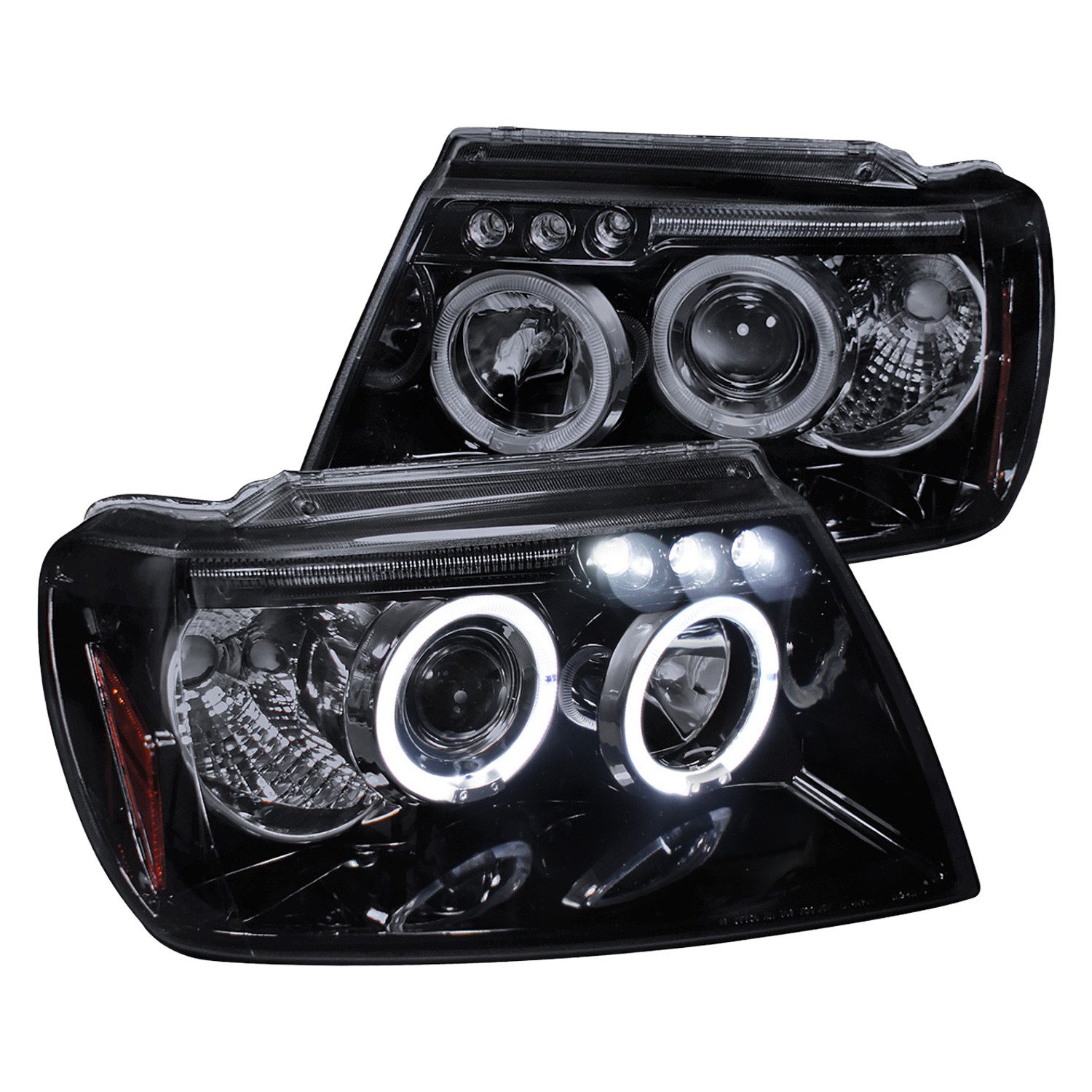 Fits 1999-2004 Jeep Grand Cherokee Dual Halo Projector Headlights (Glossy Black Housing/Smoked Lens)