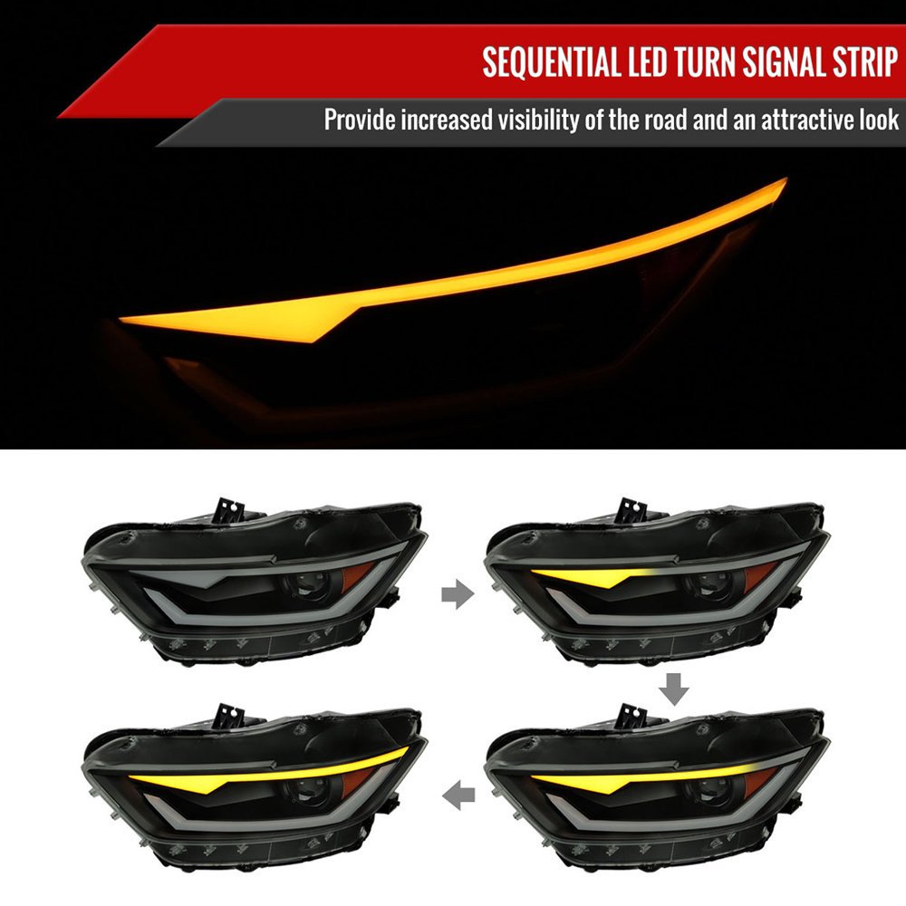 Fits 2015-2017 Ford Mustang/2018-2020 Mustang Shelby HID/Xenon Switchback Sequential LED Turn Signal Projector Headlights (Matte Black Housing/Smoked Lens) - Image 8