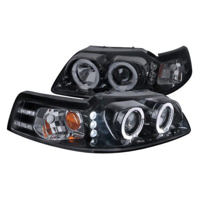 Fits 1999-2004 Ford Mustang Dual Halo Projector Headlights (Glossy Black Housing/Smoked Lens)