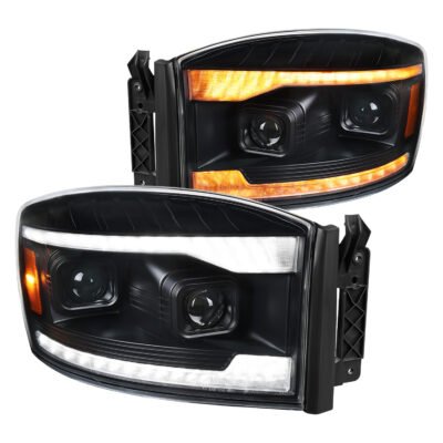 Fits 2006–2008 Dodge RAM 1500 / 2006–2009 RAM 2500 3500 Projector Headlights with Switchback LED Strips, Sequential Turn Signals, DRL & Startup Animation (Black Housing / Clear Lens)