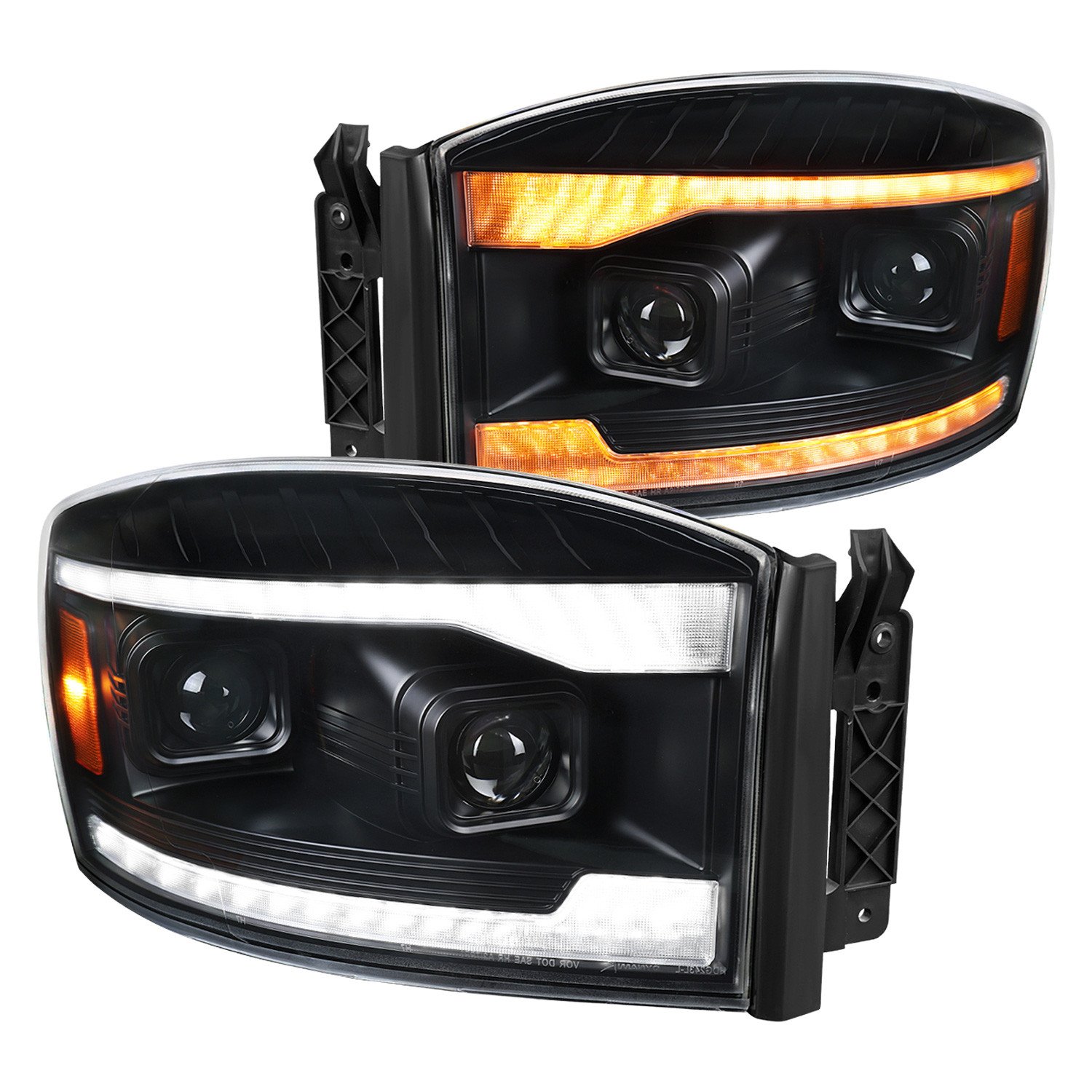 Fits 2006–2008 Dodge RAM 1500 / 2006–2009 RAM 2500 3500 Projector Headlights with Switchback LED Strips, Sequential Turn Signals, DRL & Startup Animation (Black Housing / Clear Lens)