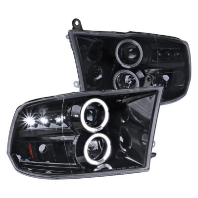 Fits 2009-2018 Dodge RAM 1500 / 2019-2021 RAM Classic / 2010-2018 RAM 2500 3500 Dual Halo Projector Headlights (Glossy Black Housing/Smoked Lens)