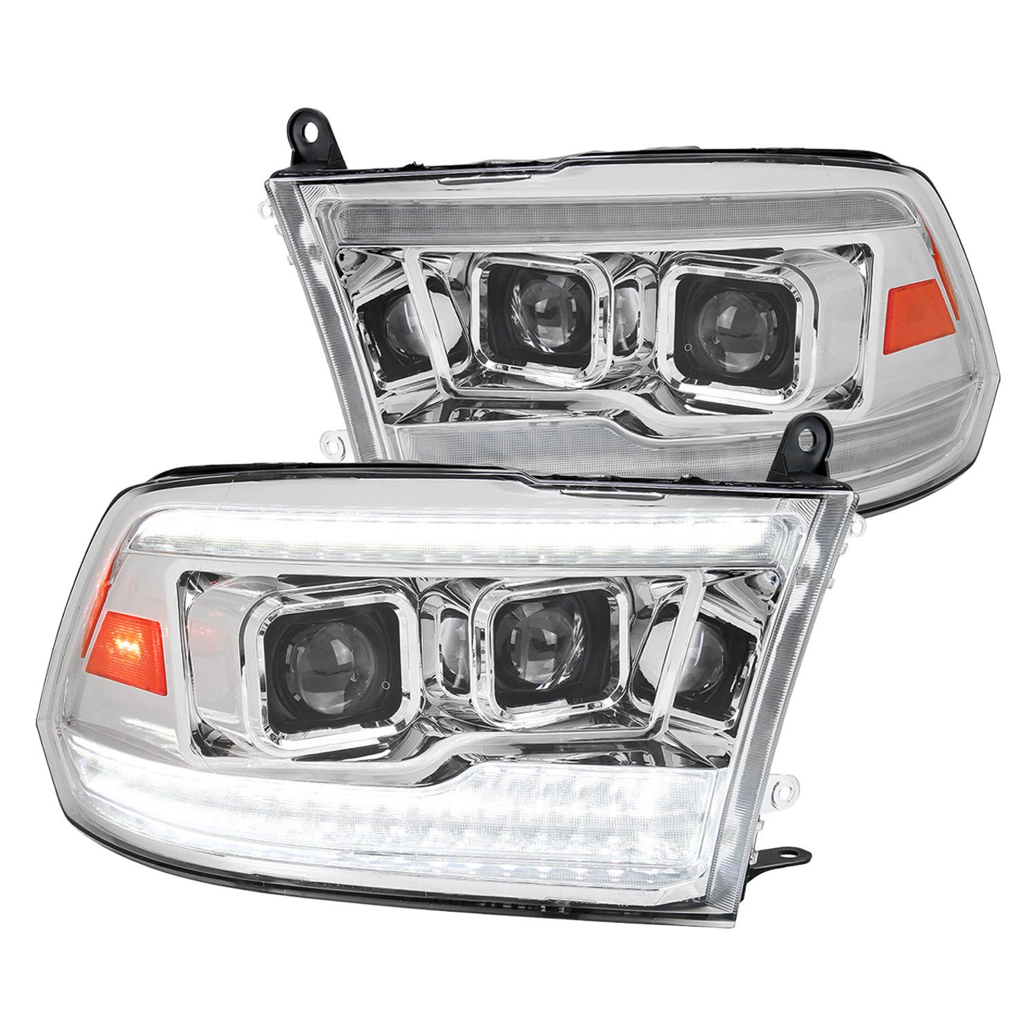 Fits 2009-2018 Dodge RAM 1500 / 2019-2021 RAM Classic / 2010-2018 RAM 2500 3500 Switchback Sequential Projector Headlights (Chrome Housing/Clear Lens)