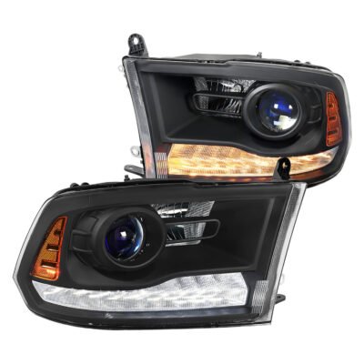 Fits 2013-2018 Ram 1500 2500 3500 Switchback Sequential LED Bar Signal Projector Headlights (Matte Black Housing / Clear Lens)
