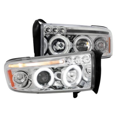 Fits 1994-2001 Dodge RAM 1500 2500 3500 Dual Halo Projector Headlights (Chrome Housing/Clear Lens)