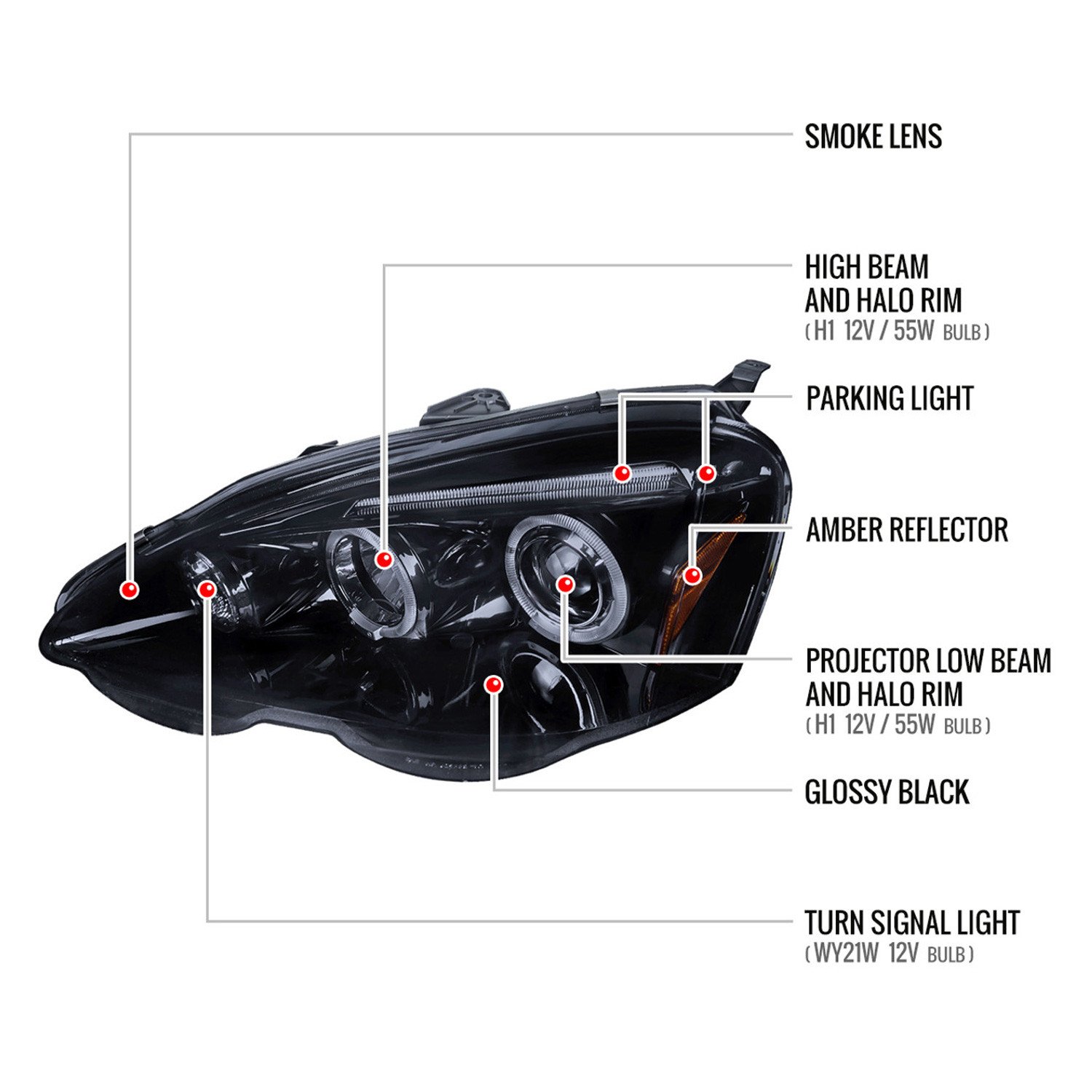 Fits 2002-2004 Acura RSX Dual Halo Projector Headlights (Glossy Black Housing/Smoked Lens) - Image 2