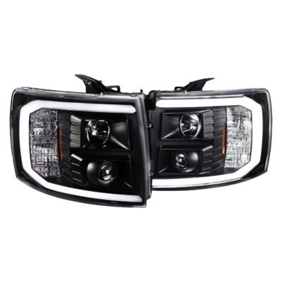 Fits 2007-2014 Chevrolet Silverado 1500/2500HD/3500HD LED C-Bar Projector Headlights (Matte Black Housing/Clear Lens)