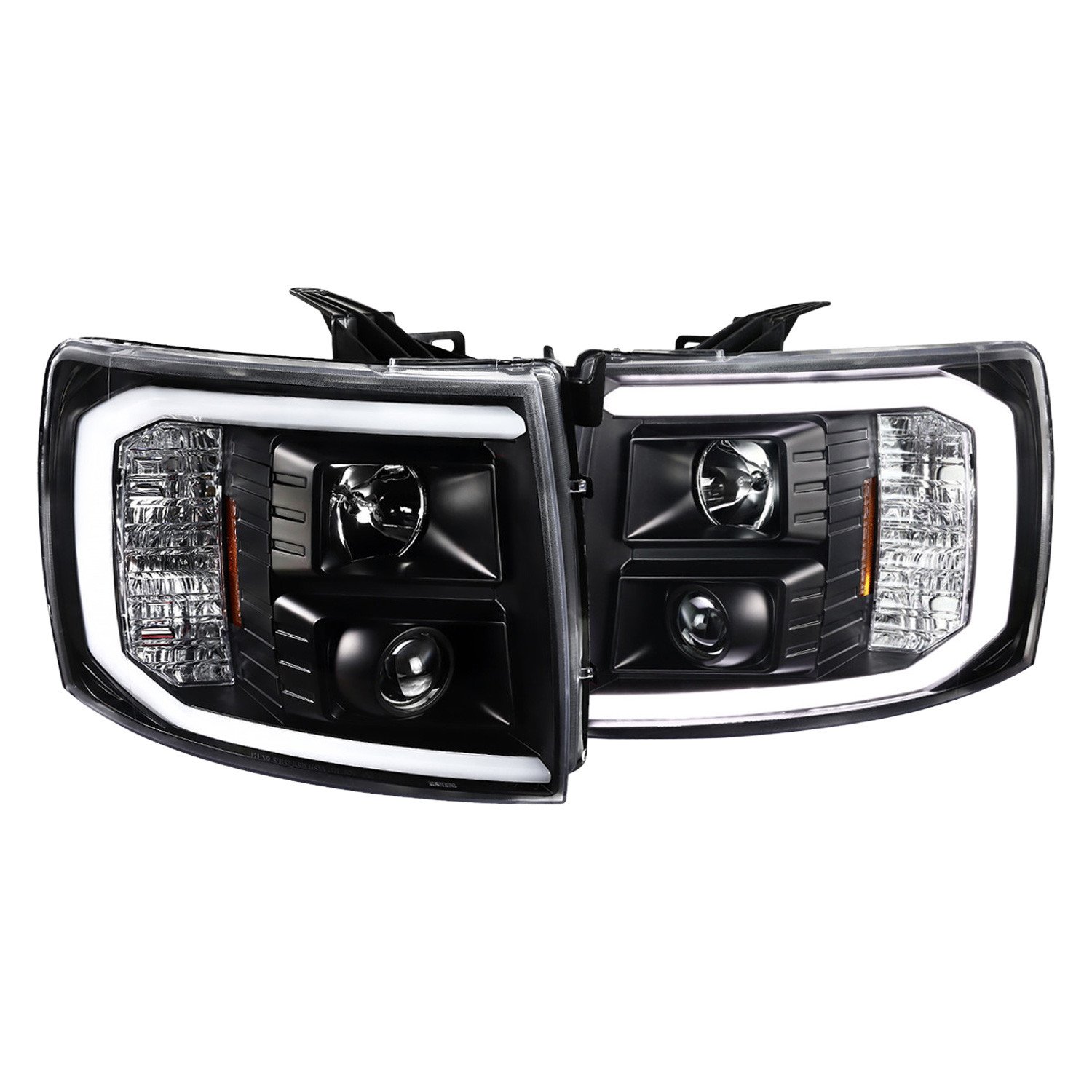 Fits 2007-2014 Chevrolet Silverado 1500/2500HD/3500HD LED C-Bar Projector Headlights (Matte Black Housing/Clear Lens)