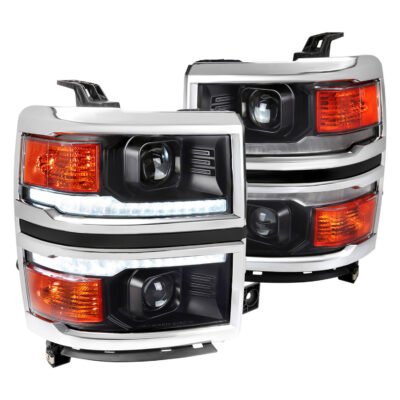 Fits 2014-2015 Chevrolet Silverado 1500 Switchback Sequential LED Bar Projector Headlights (Matte Black Housing/Clear Lens/Chrome Trim)