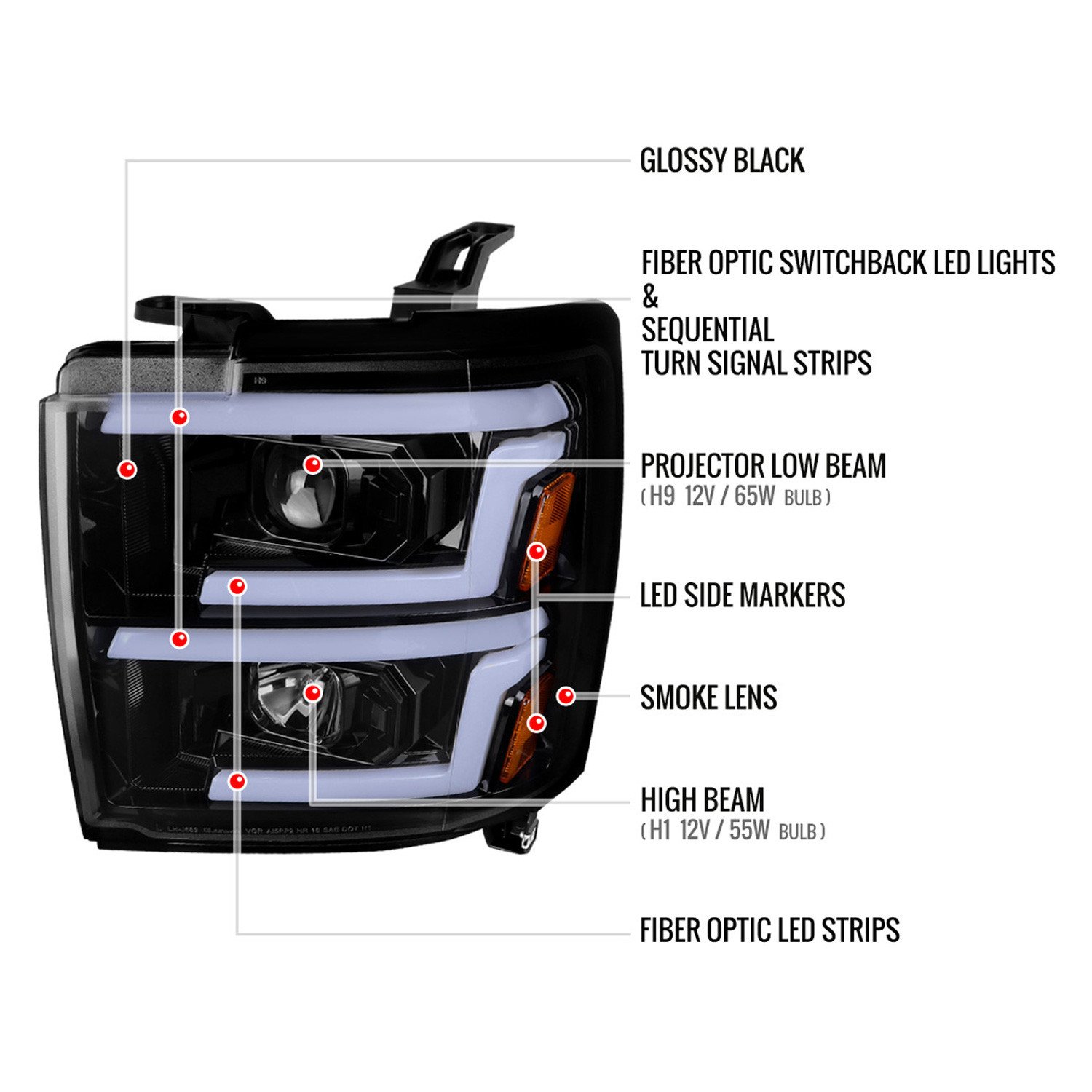 Fits 2015-2019 Chevrolet Silverado 2500HD/3500HD Switchback Sequential LED Turn Signal Projector Headlights (Glossy Black Housing/Smoked Lens) - Image 6