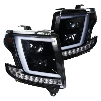 Fits 2015-2020 Chevrolet Tahoe Suburban/ 2016-2019 Suburban 3500HD LED C-Bar Projector Headlights w/ LED Turn Signal Lights (Glossy Black Housing/Smoked Lens)