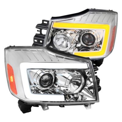 Fits 2004-2015 Nissan Titan / 2004-2007 Armada LED C-Bar Projector Headlights w/ Switchback Sequential Turn Signals (Chrome Housing/Clear Lens)