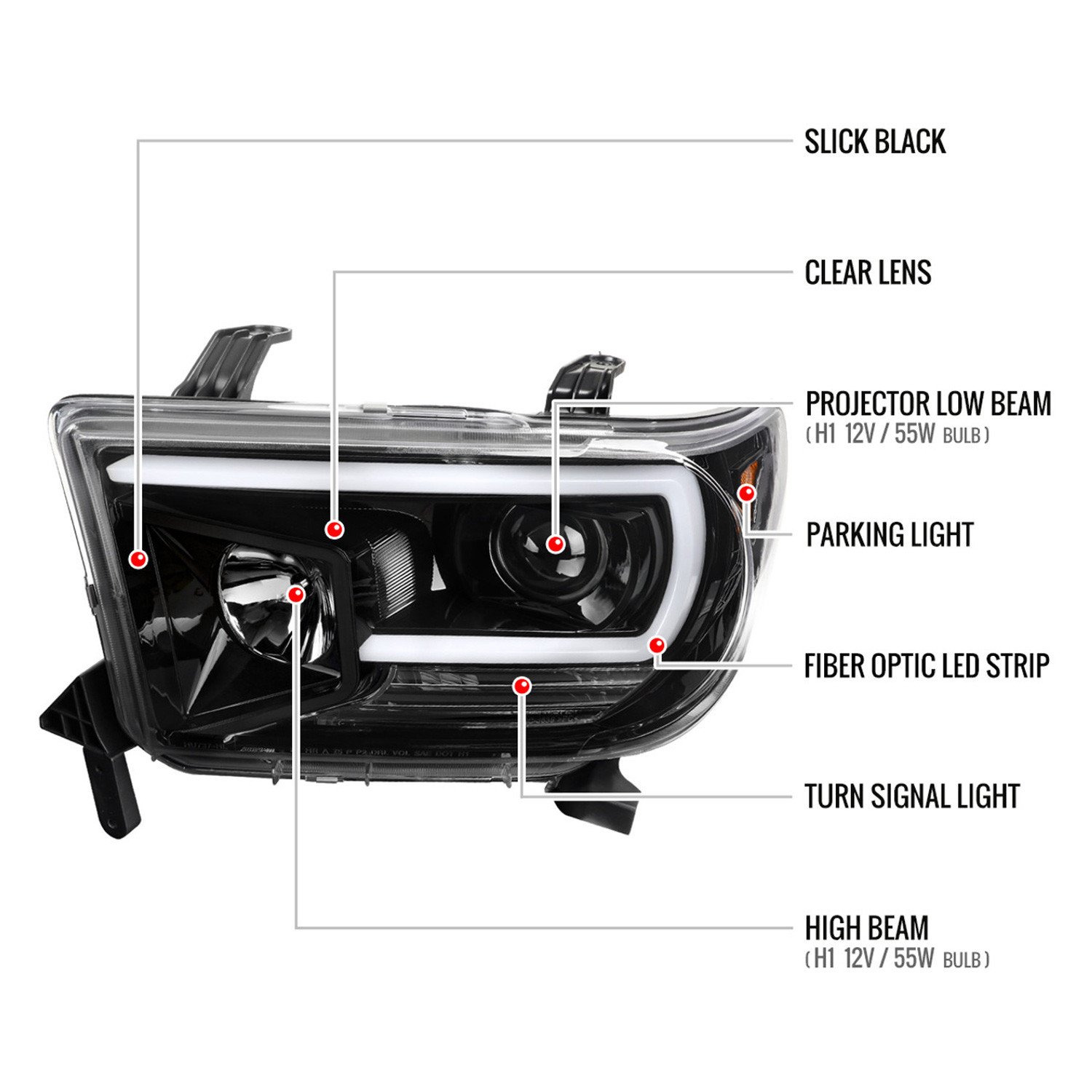 Fits 2007-2013 Toyota Tundra/ 2008-2017 Sequoia LED C-Bar Projector Headlights (Jet Black Housing/Clear Lens) - Image 2